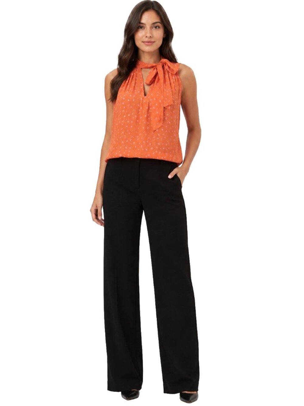 Free People XS Orange Pink Tie Neck Hi Low Sleeveless Boho Blouse Top